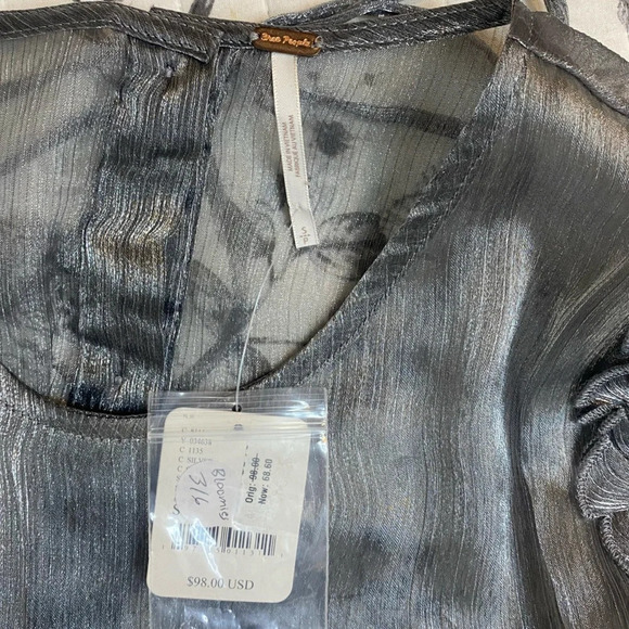 NWT Free People Freya Frost Top Metallic Silver Gray Sheer Long Sleeve Ribbon SP - Picture 10 of 16